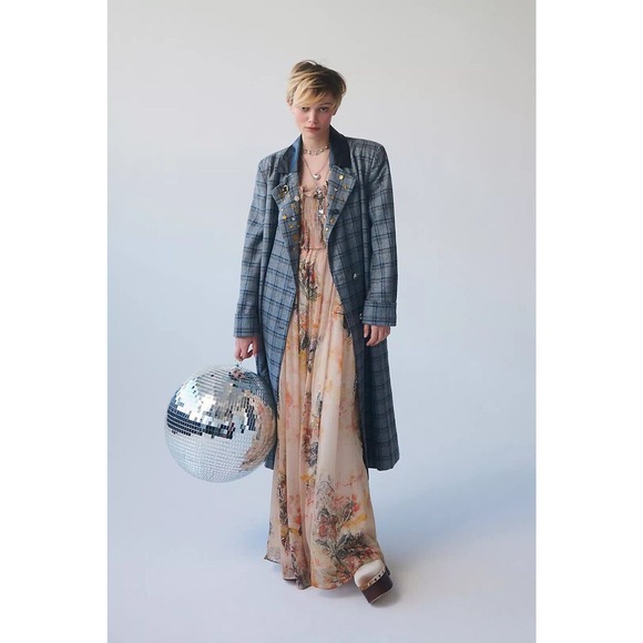 Free People Baroness Coat Size Small Blue Plaid Relaxed Slouchy Button Front